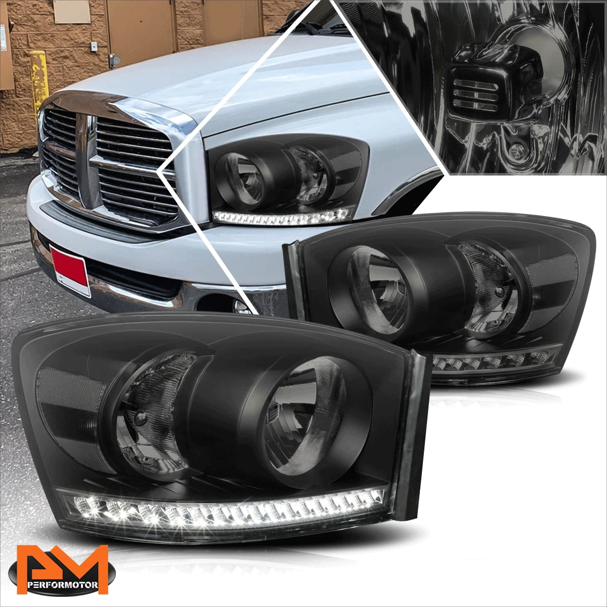 LED DRL Strip Headlight for Dodge Ram Truck (2006–2009) Smoked Housing