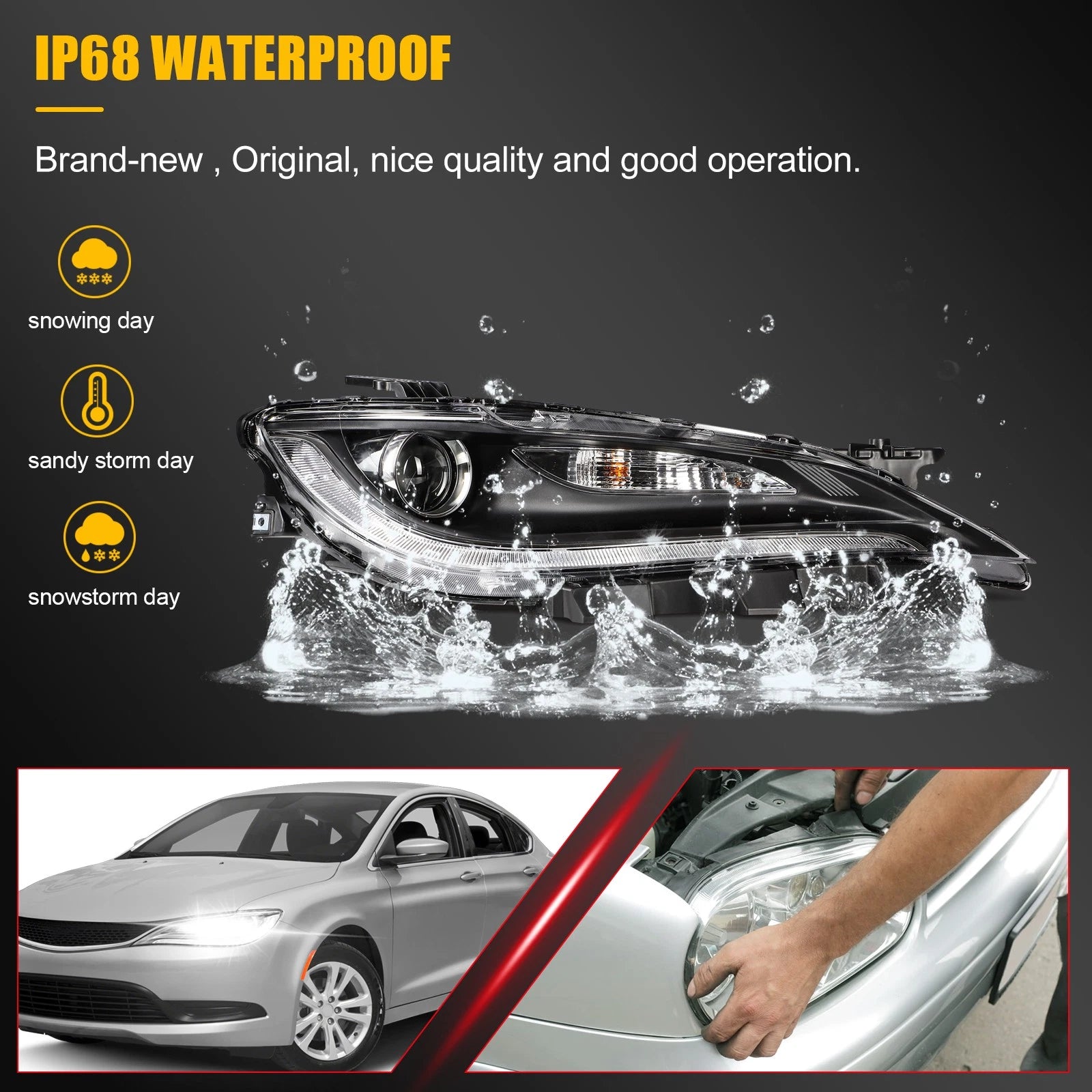 Right Side Halogen Headlight with LED DRL Projector for Chrysler 200 (2015–2017)