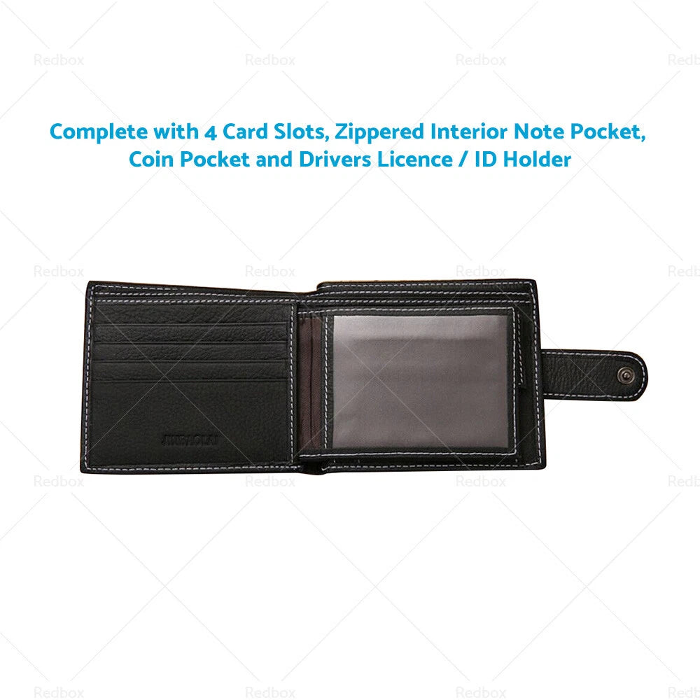 Mens Wallet Bi-Fold Black Cowhide Leather with Card Slots & Coin Pocket