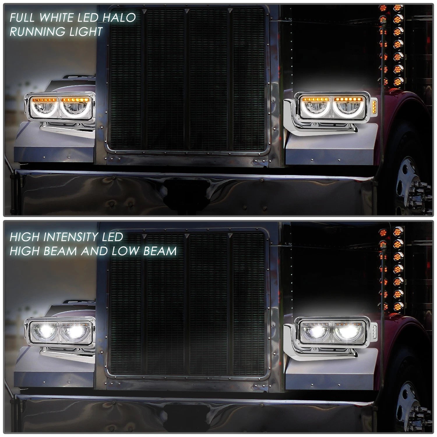 LED Halo Ring DRL Side Signal Headlights Chrome for Peterbilt 359 379 389 (1981–2021)