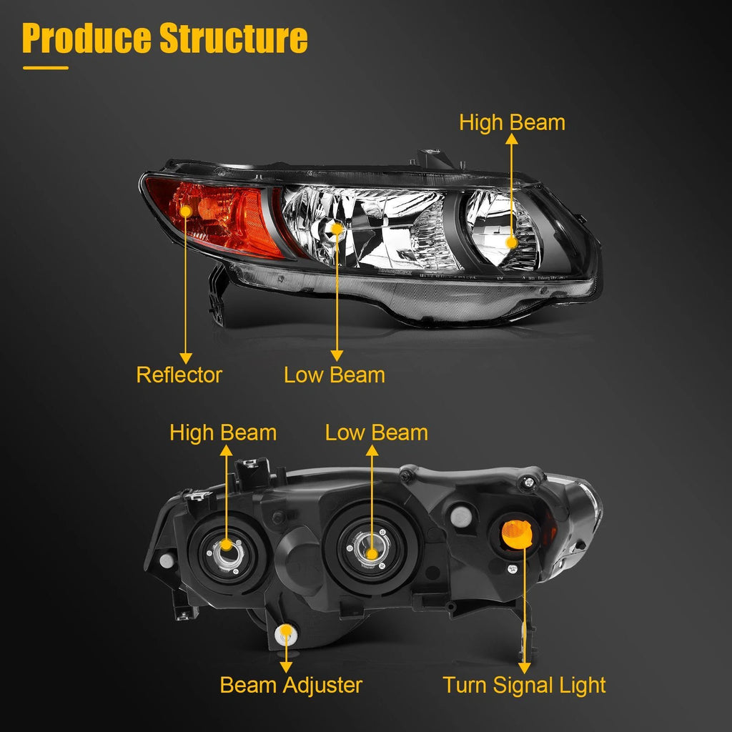 Headlight Assembly Set for Honda Civic Coupe (2006–2011) Black Housing
