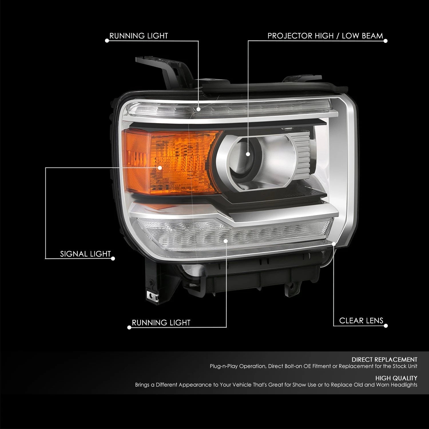 Chrome Amber Headlight for GMC Sierra 1500/2500/3500 HD (2014–2019)