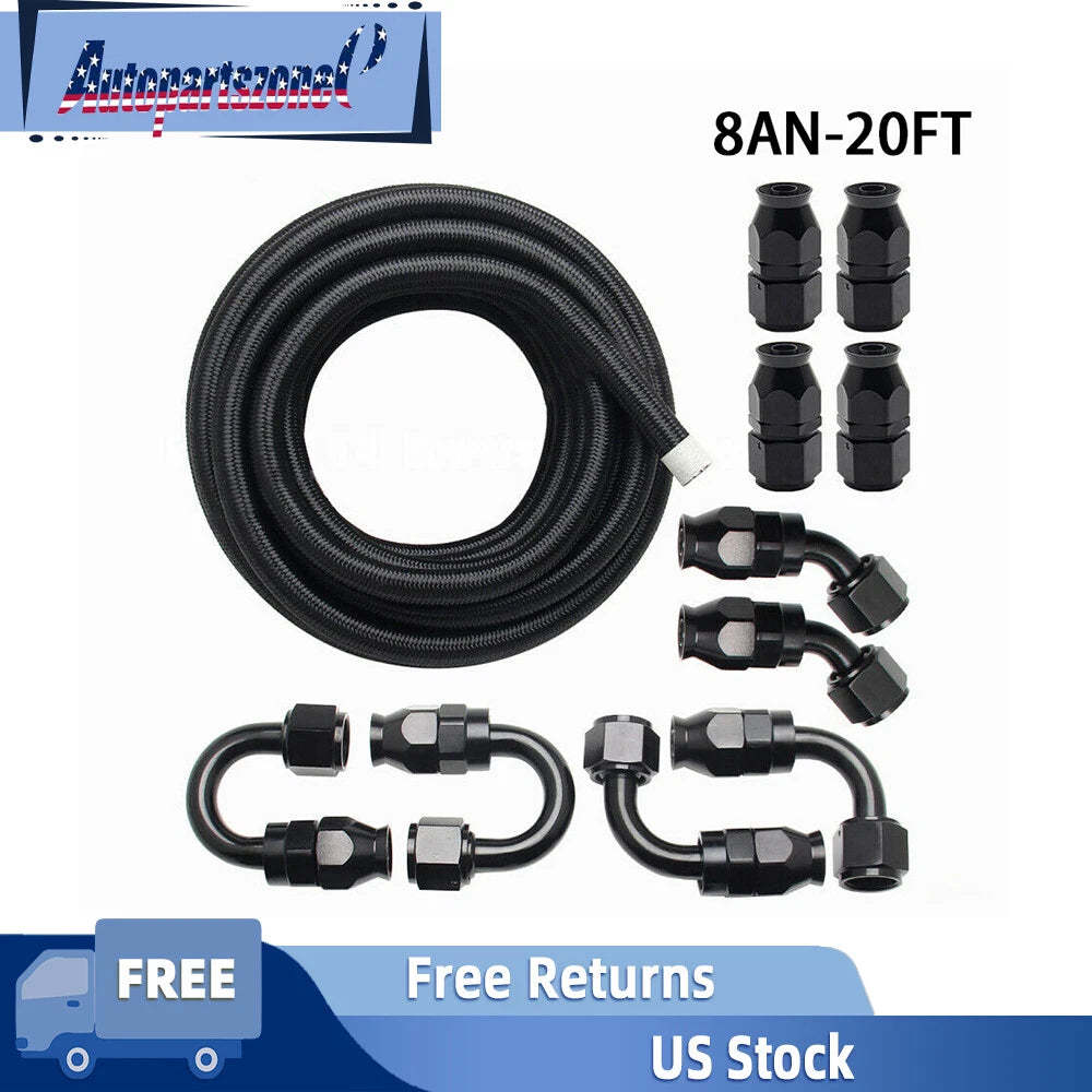 20FT Black 8AN Nylon Braided E85 PTFE Fuel Line Hose Kit with 10 Fittings