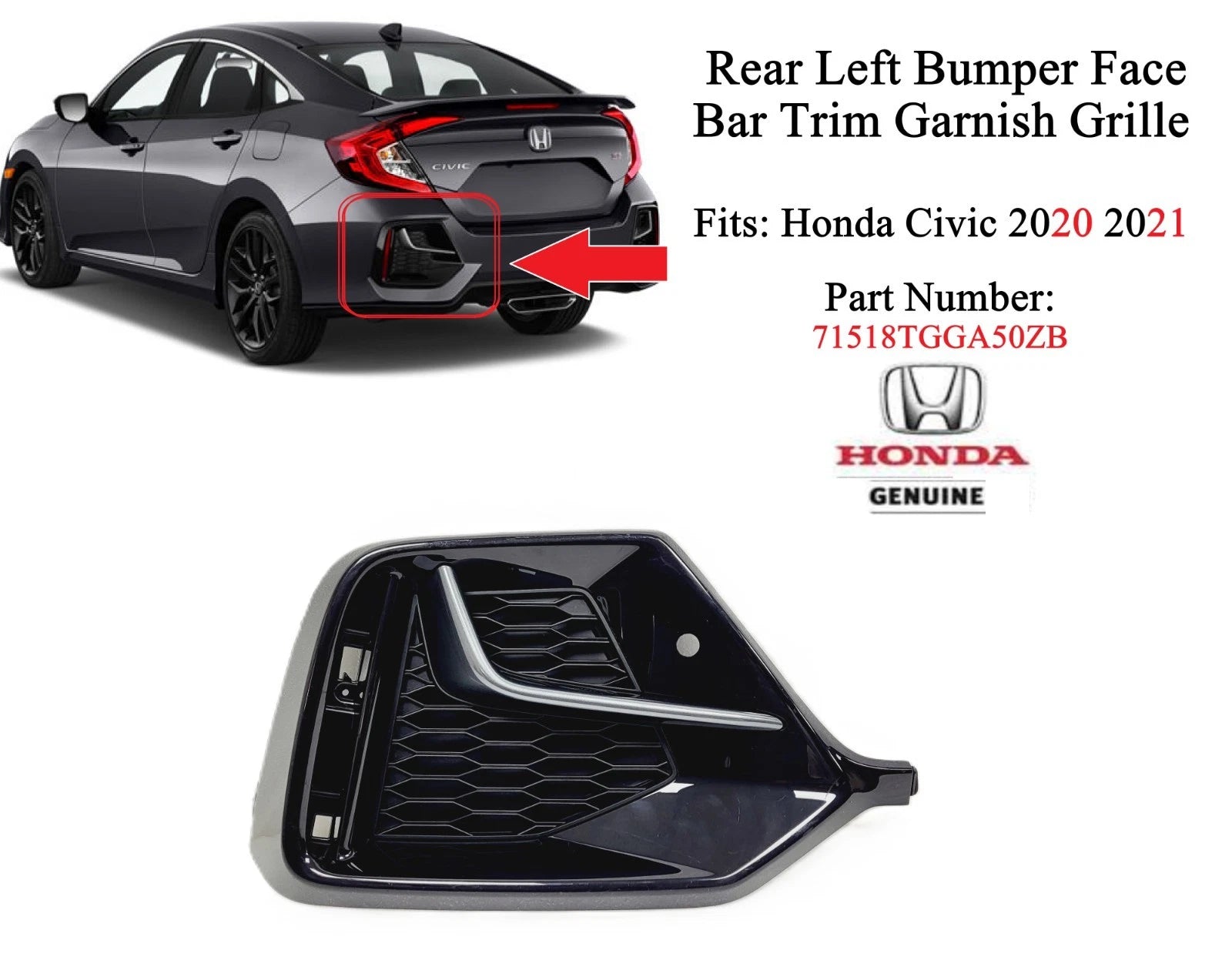 Rear Left Bumper Face Bar Trim Garnish Grille for Honda Civic (2020–2021)