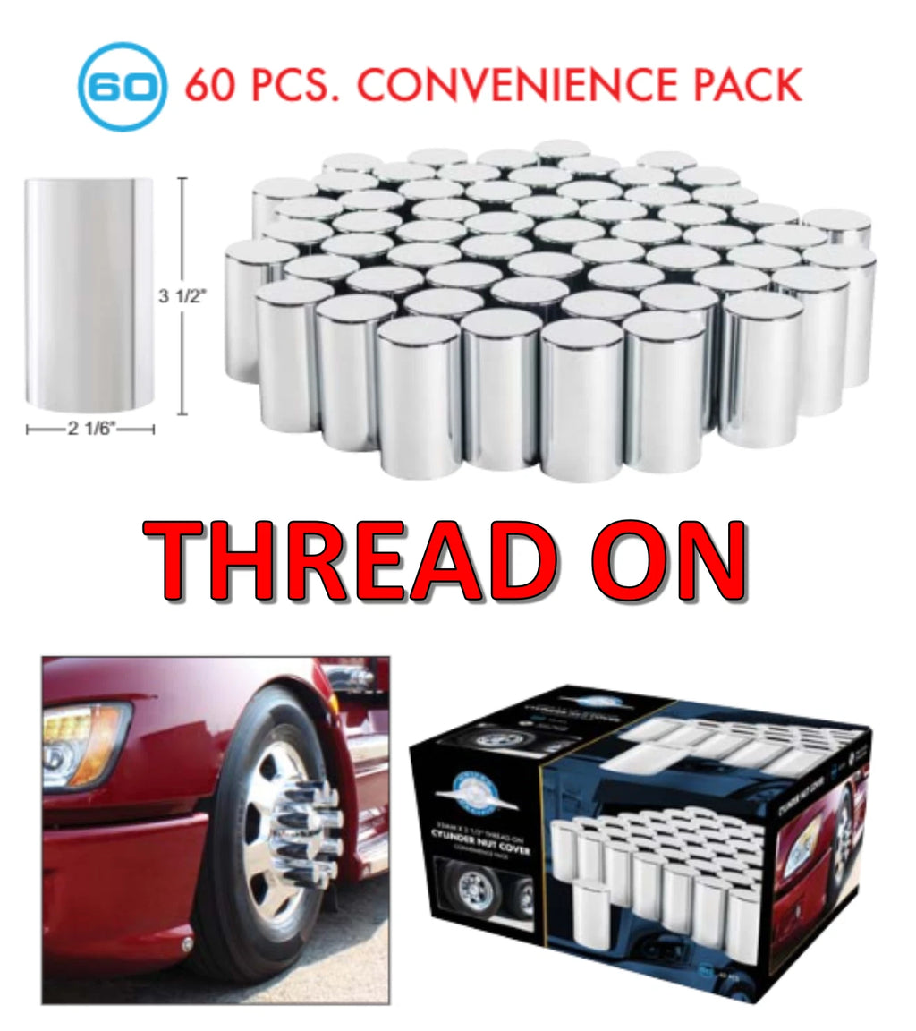 Chrome Cylinder Lug Nut Covers 33mm Thread-On for Set of 60 (60-Pack)