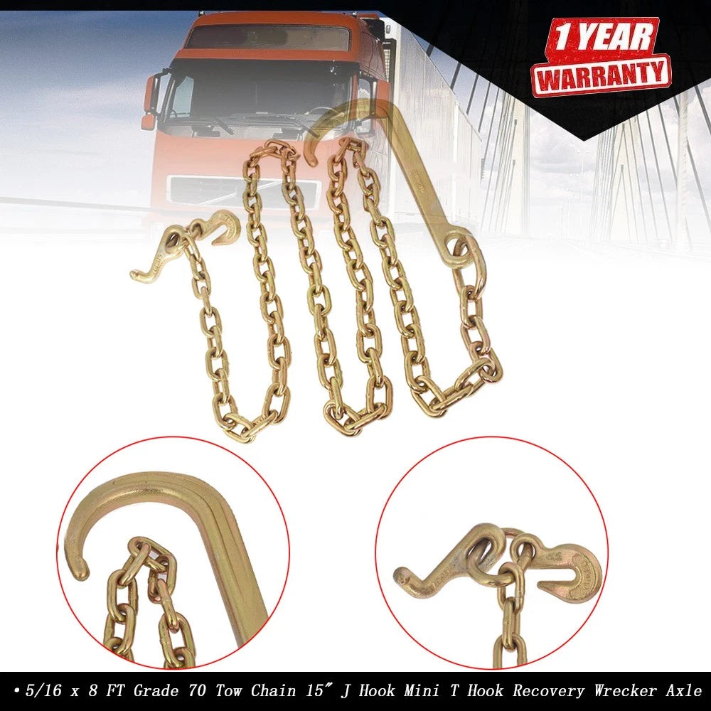 Set of 2 J Hook Recovery Tow Chains 5/16 x 8 FT Grade 70