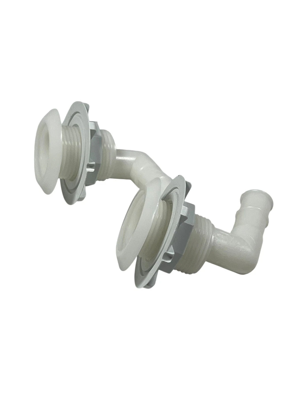 2X 100 Degree Plastic Thru Hull for Hose Barb, White (3/4in)