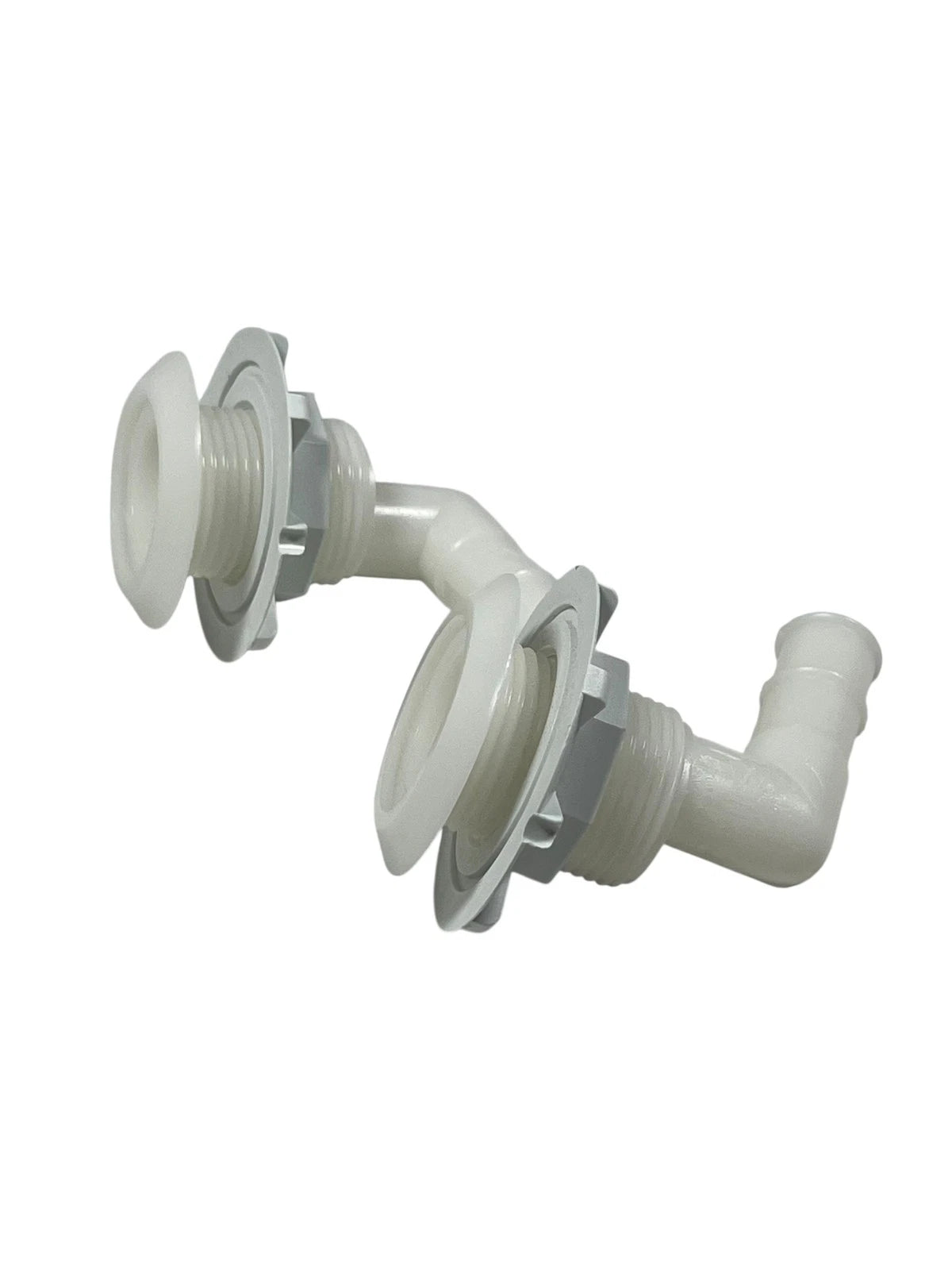 2X 100 Degree Plastic Thru Hull for Hose Barb, White (3/4in)