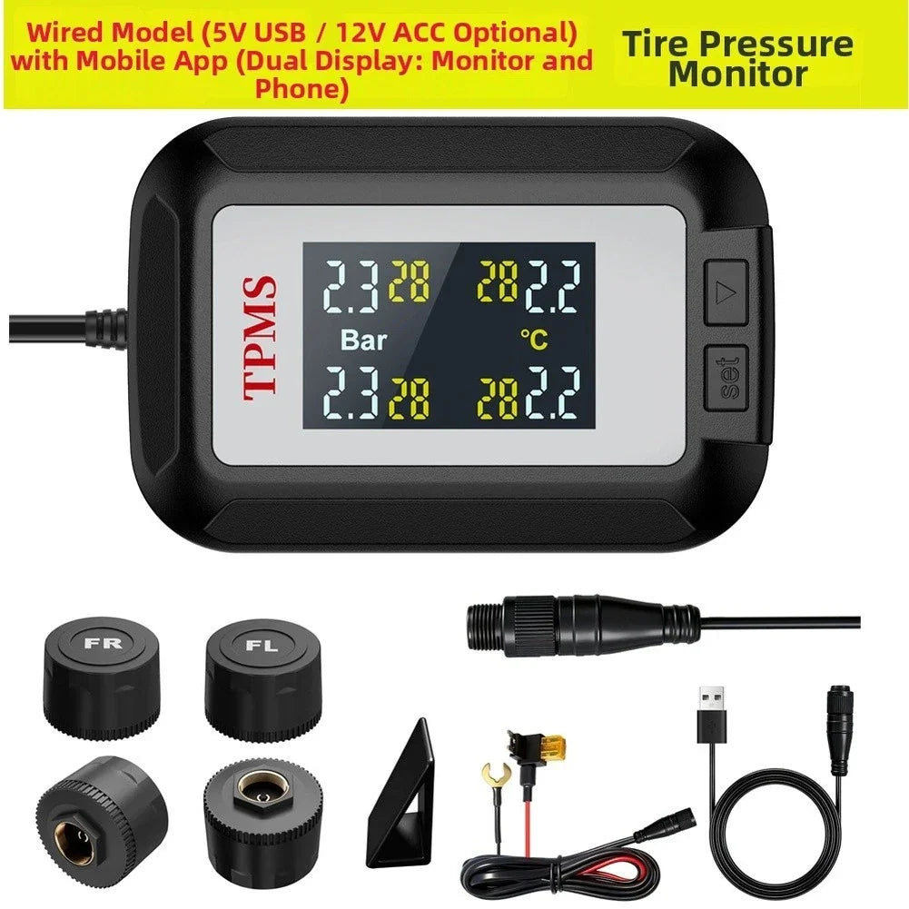 Wireless TPMS Tire Pressure Monitor APP Dual Screen USB 12V ACC for Car Use
