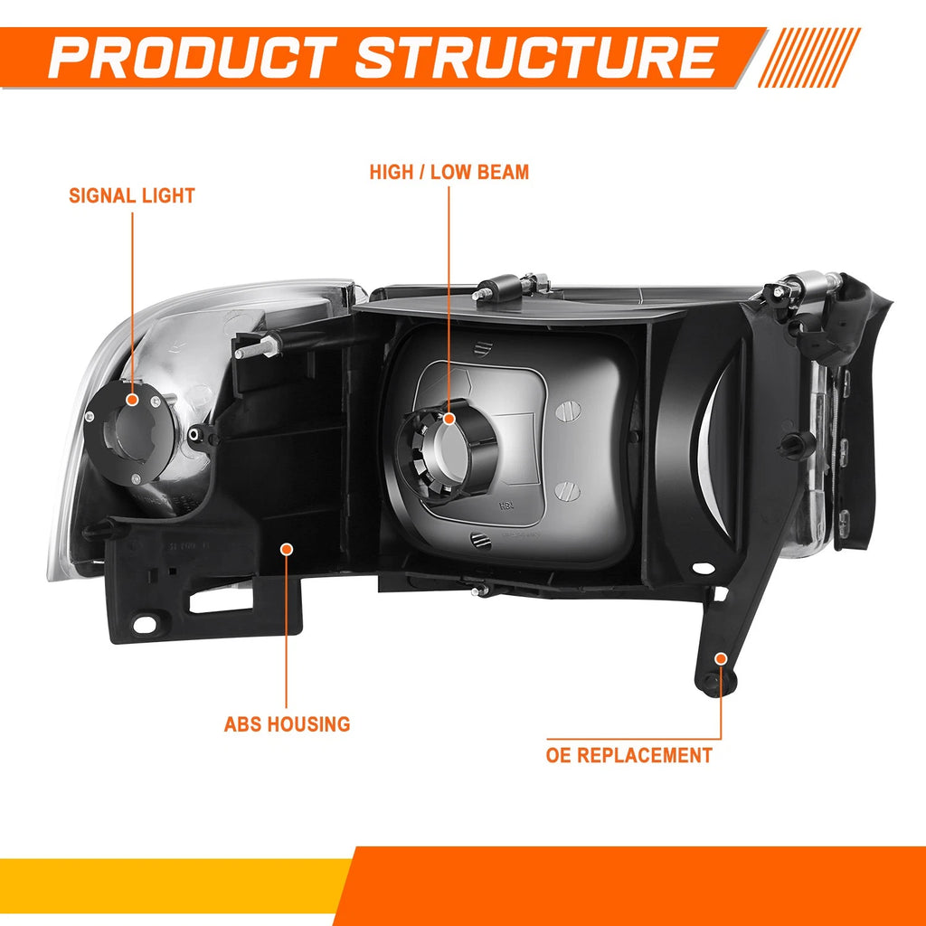 Chrome Housing Headlight Clear Corner Signal Lamps for Dodge Ram 1500-3500 (1994–2002)