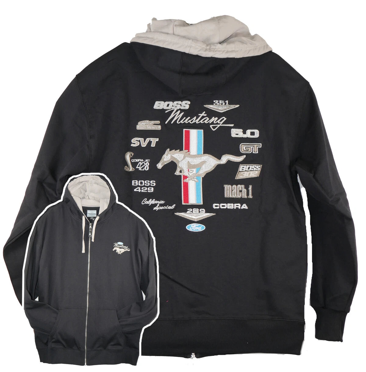 Zip Up Hoodie Sweatshirt for Ford Mustang Script Logo Black Gray (2005–2009)