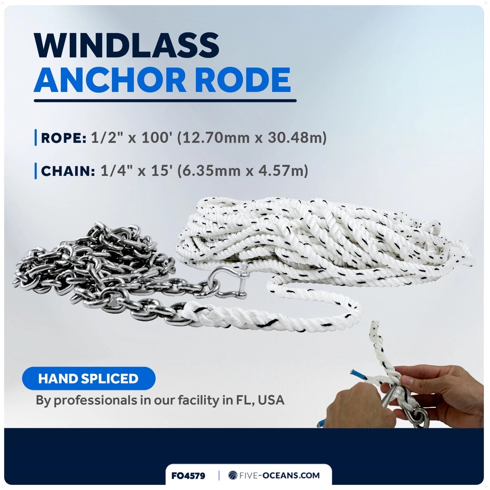 Windlass Anchor Rode 1/2"x100' Rope & 1/4"x15' G4 Chain for Boats