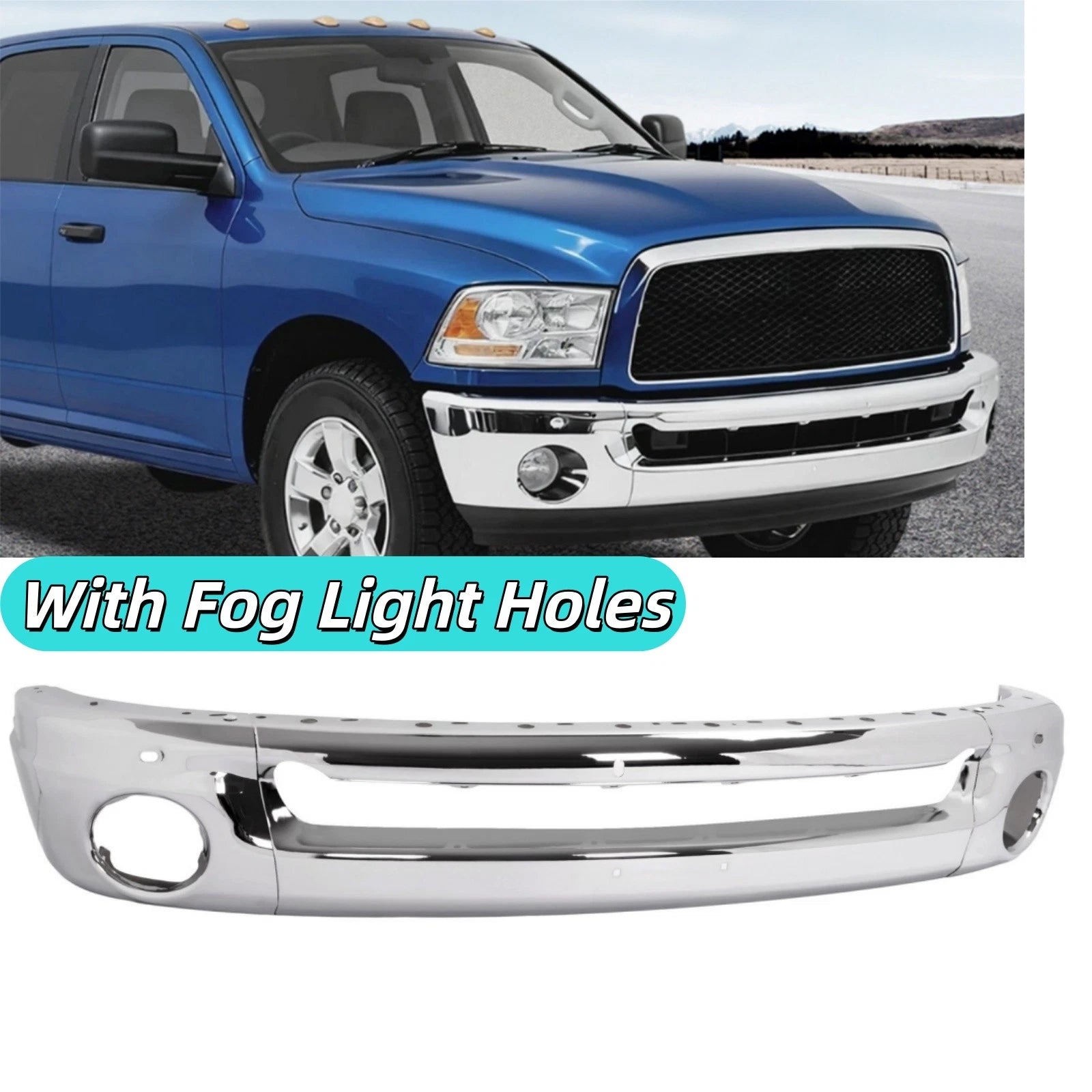 Chrome Front Bumper with Fog Light Hole for Ram 1500 2002–2008, Ram 2500/3500 2003–2009