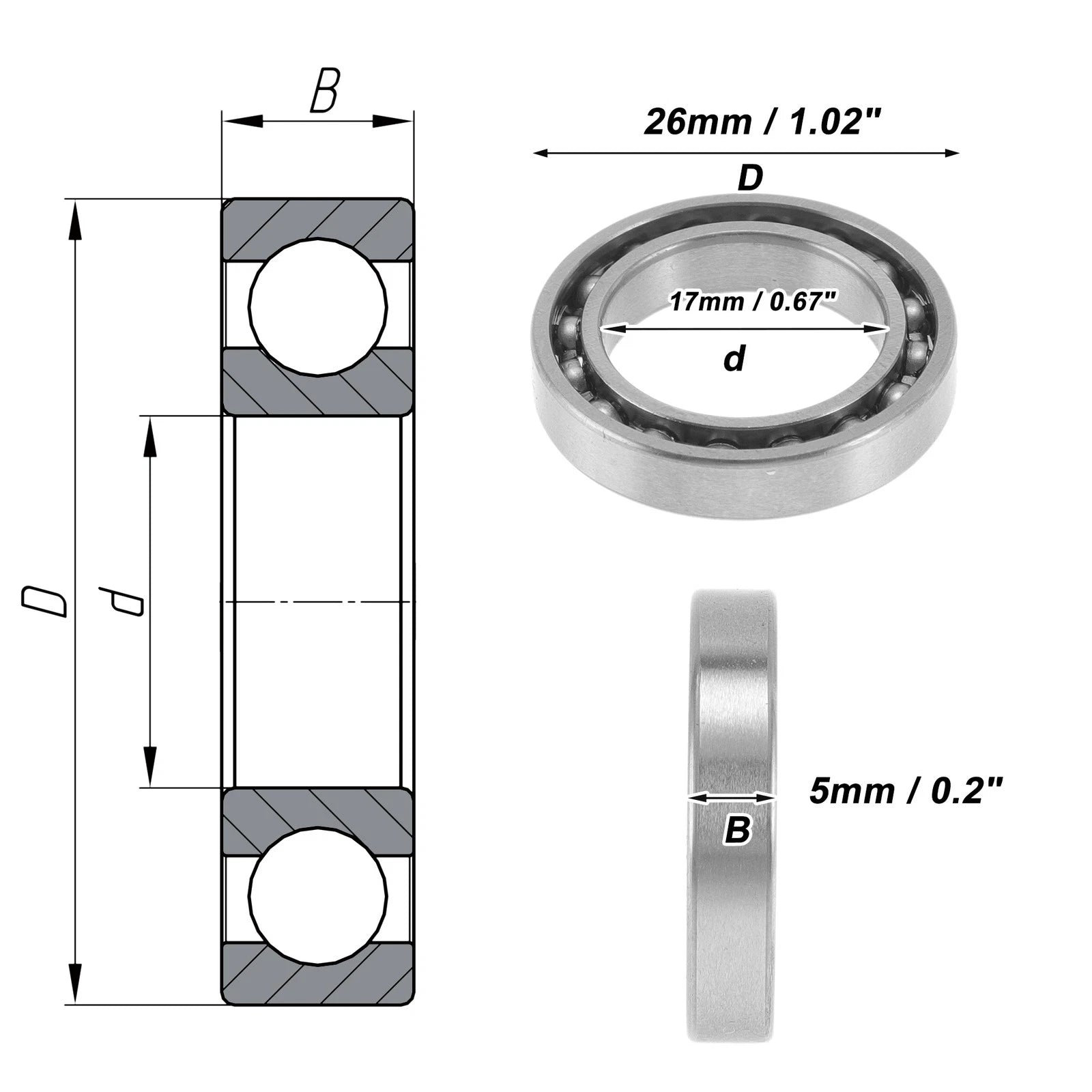 Deep Groove Ball Bearing 17x26x5mm for Scooter Skateboard (1Pc)