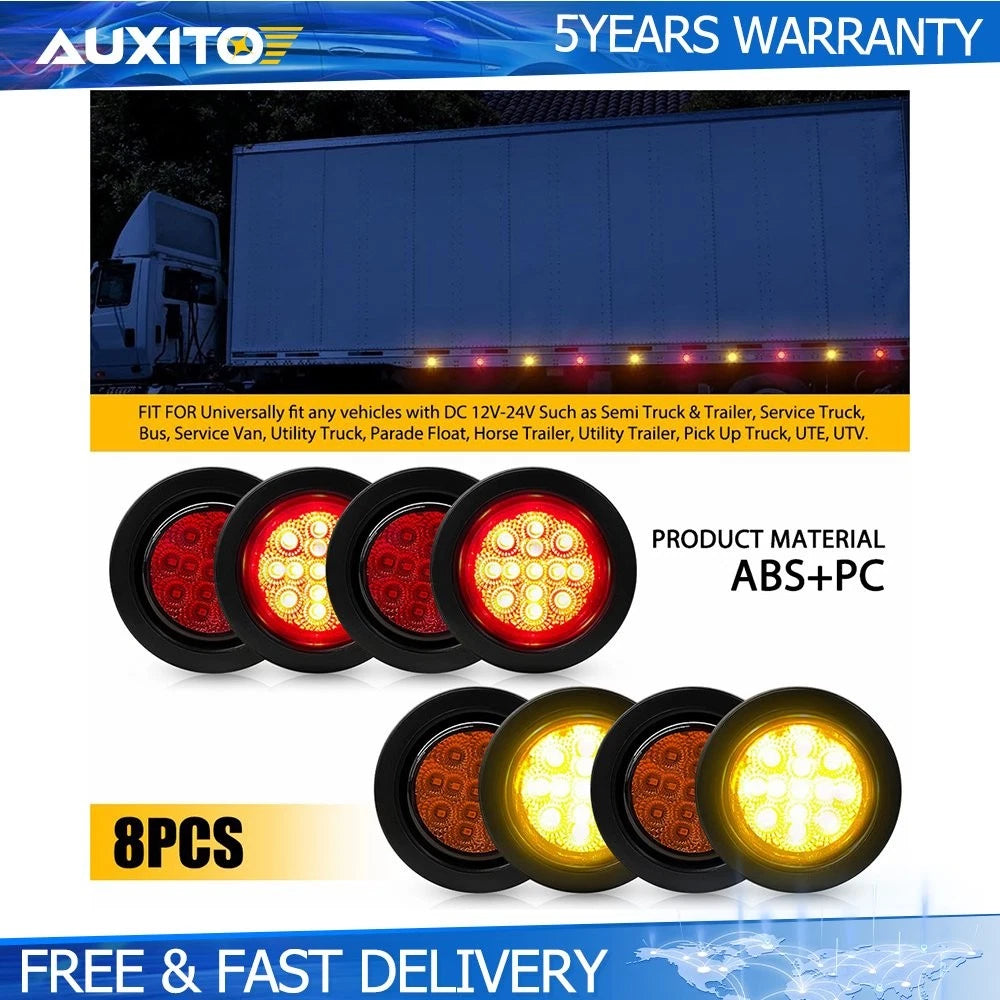 8x 2.5 Inch Round Red Amber LED Side Marker Lights for Trailer Truck