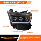 LED DRL Projector Sequential Signal Headlights for Ram 1500 (2019–2024)