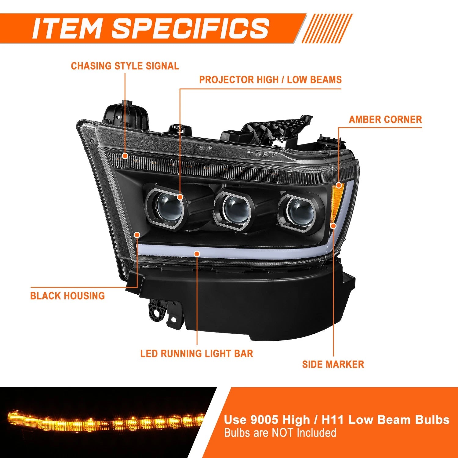 LED DRL Projector Sequential Signal Headlights for Ram 1500 (2019–2024)