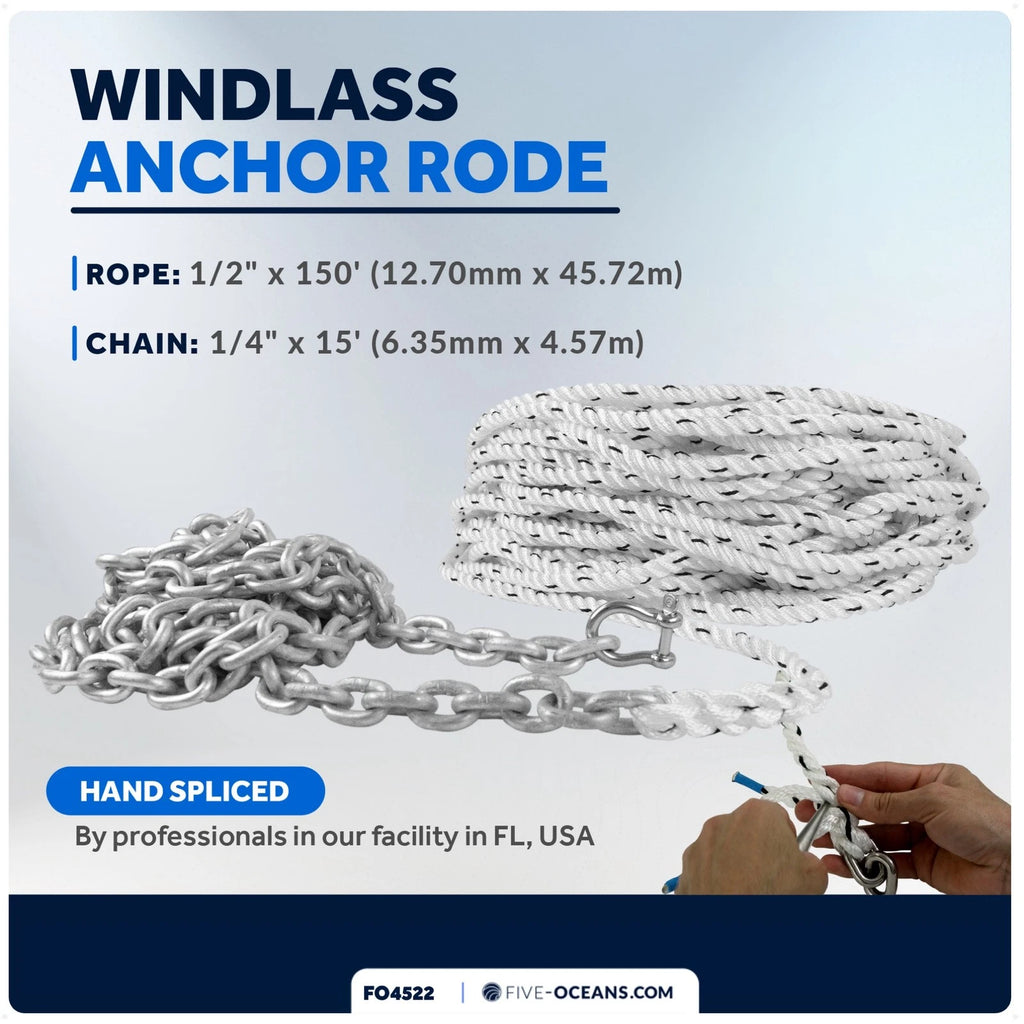 Windlass Anchor Rode 1/2"x150' Rope & 1/4"x15' G4 Chain for Marine Use