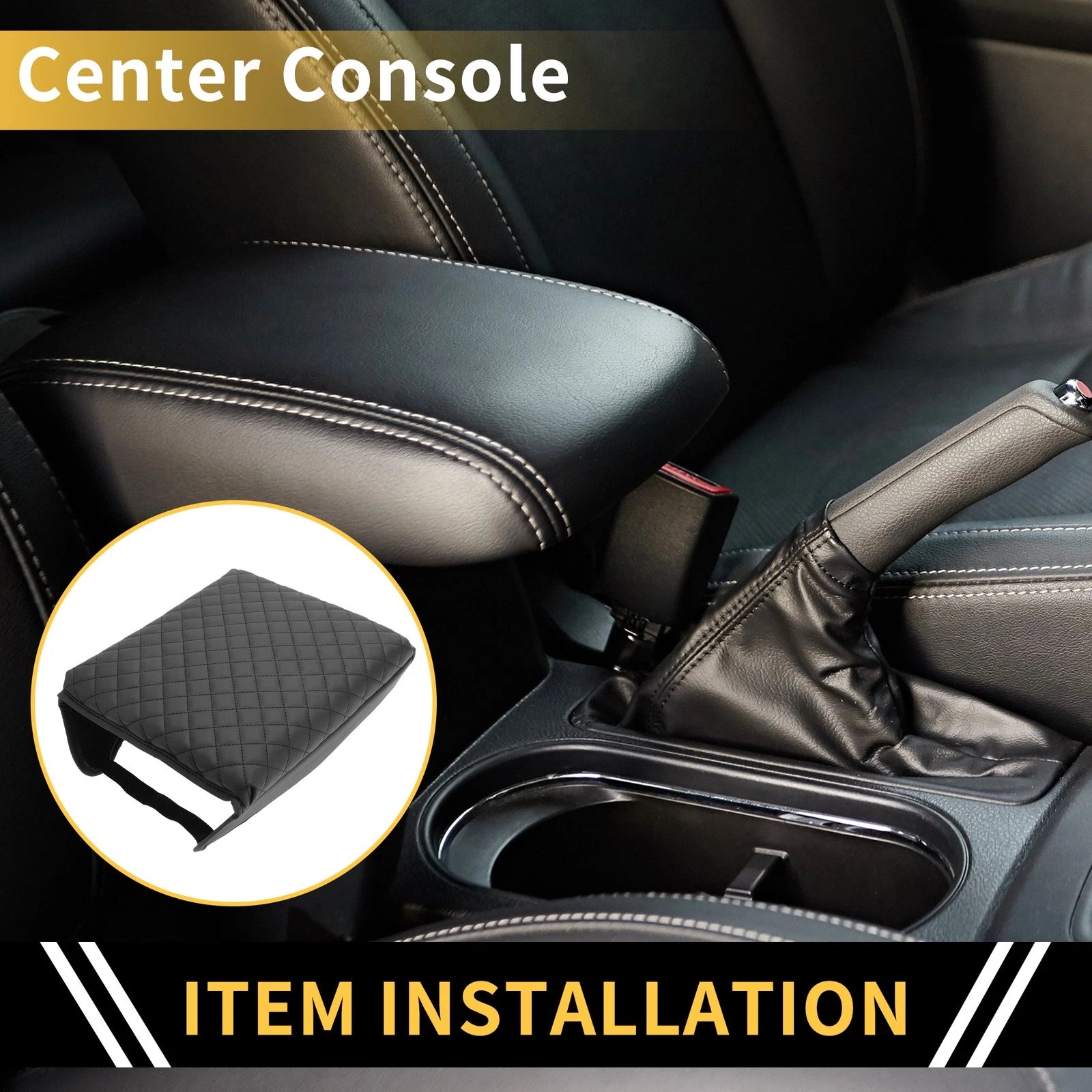 Console Lid Armrest Cover for Ford (Microfiber Leather, Black)