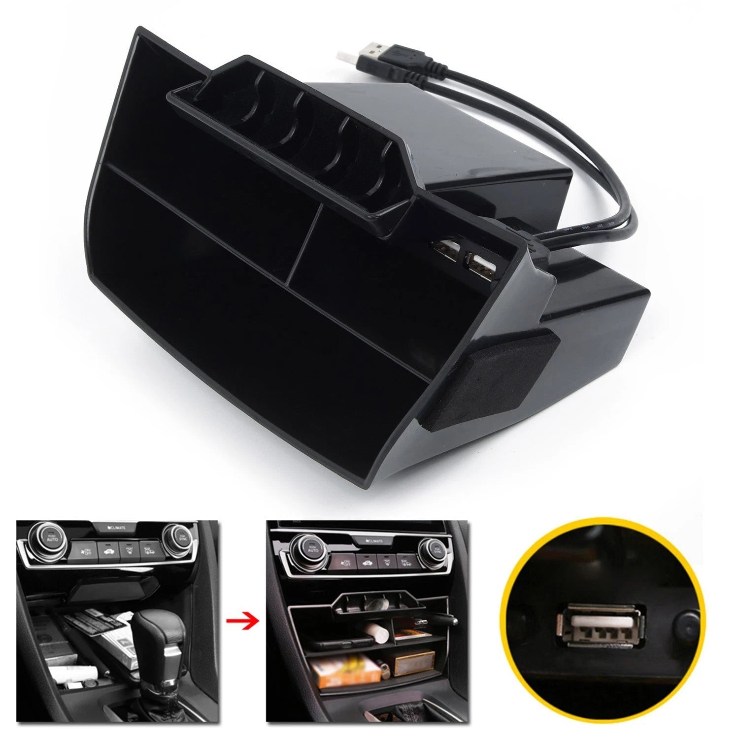 Center Console Storage Box with USB Ports for Civic (2016–2019)