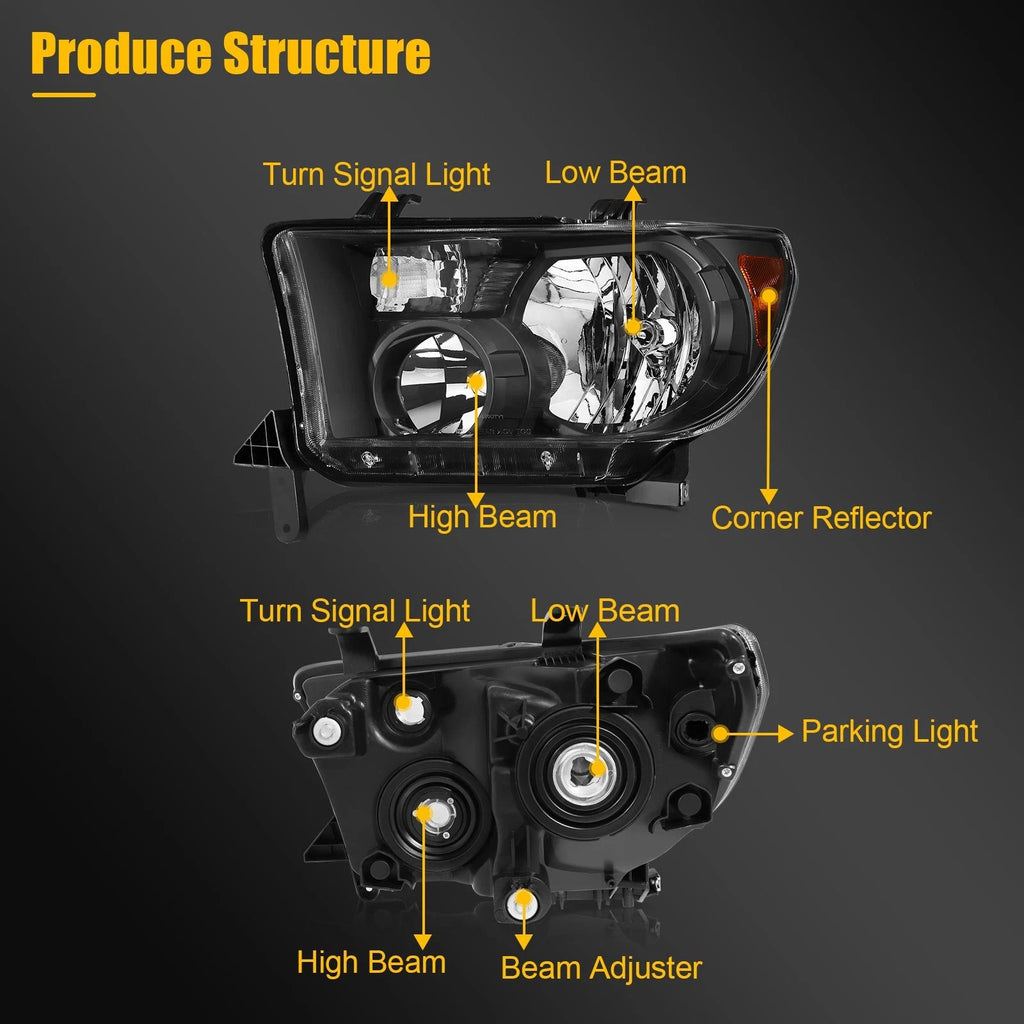 2X Headlights for Toyota Tundra, Sequoia (2007–2017) Black Housing