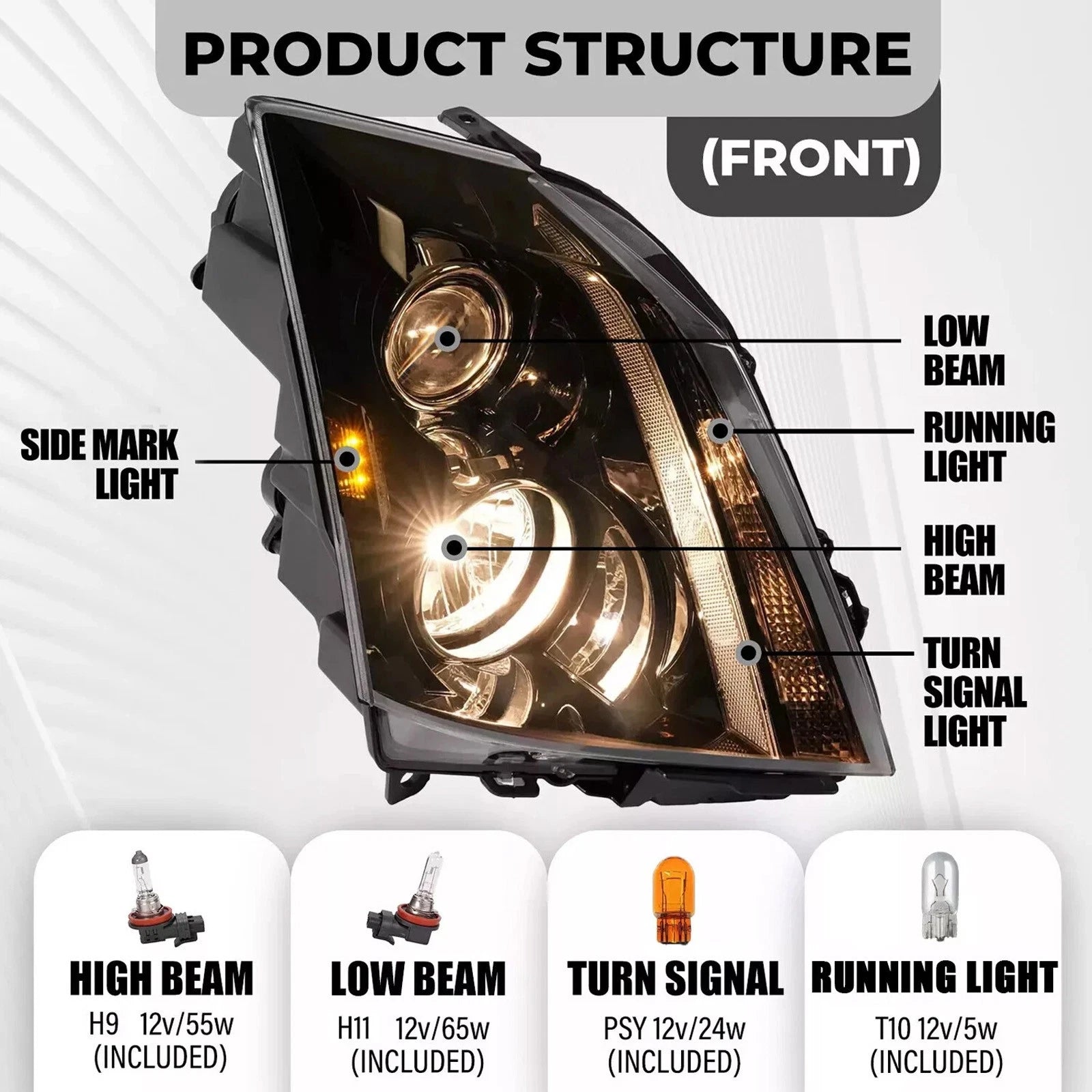 Pair Halogen Headlights for Cadillac CTS (2008-2015) with Bulbs