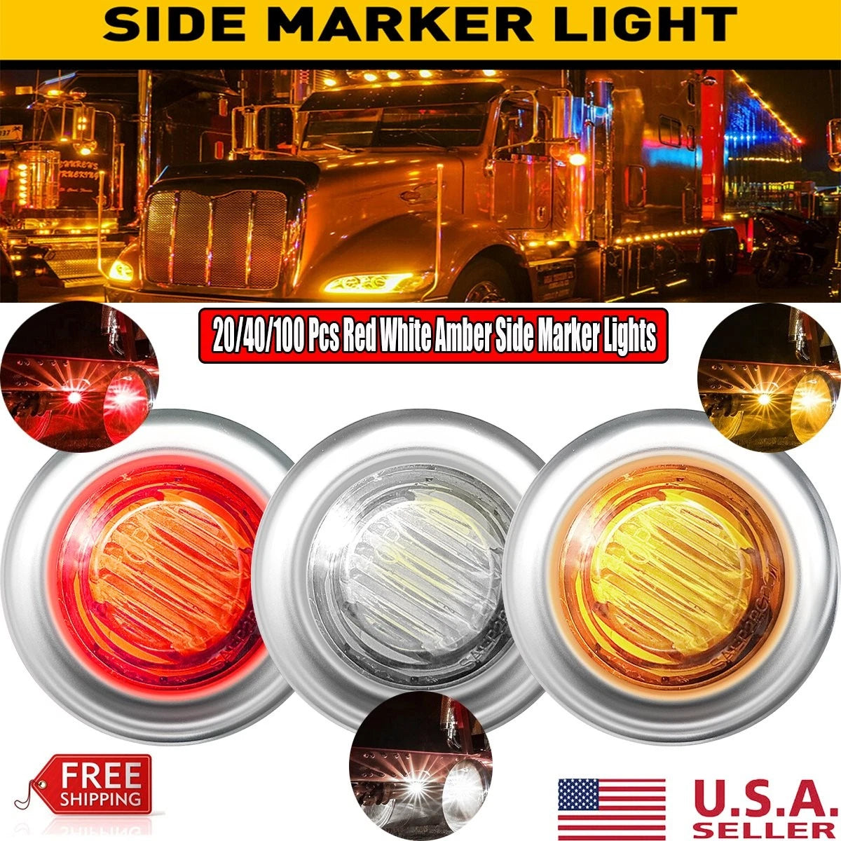 100Pcs Mini 3 LED Bullet Side Marker Lights for Truck Trailer