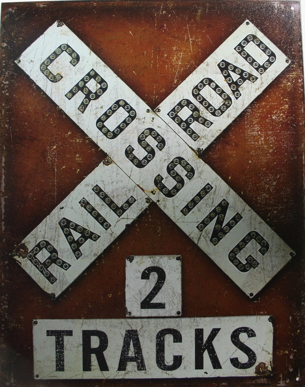 Vintage Tin Metal Sign Railroad Crossing for Train (2174)