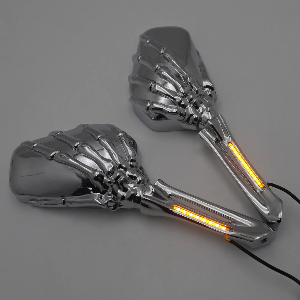 Chrome LED Skull Rearview Mirrors for Honda Suzuki Kawasaki