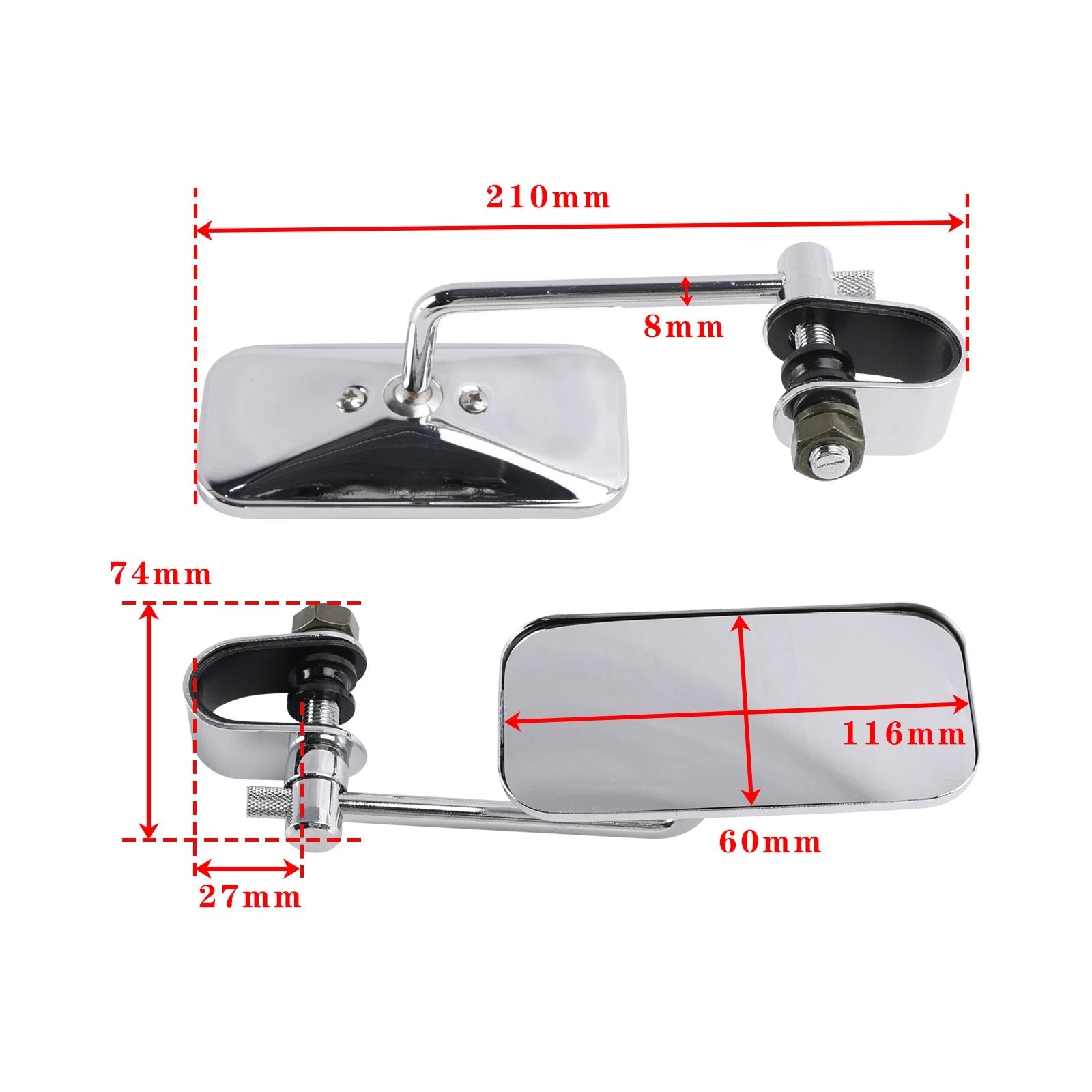 Chrome Rectangular Clamp-On Motorcycle Mirrors for Old School Style