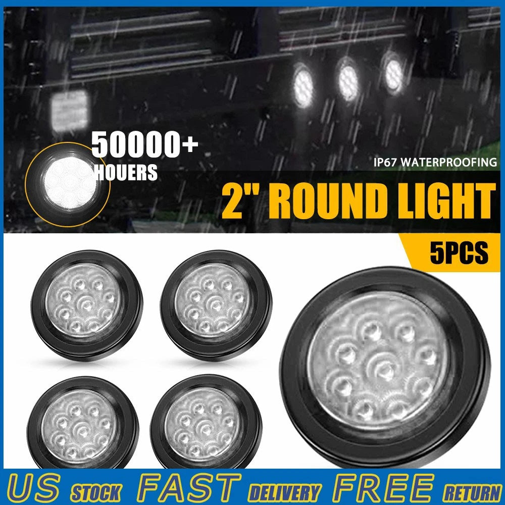 5pcs 2 Inch 9 LED White Round Tail Clearance Side Marker Light for Truck Trailer