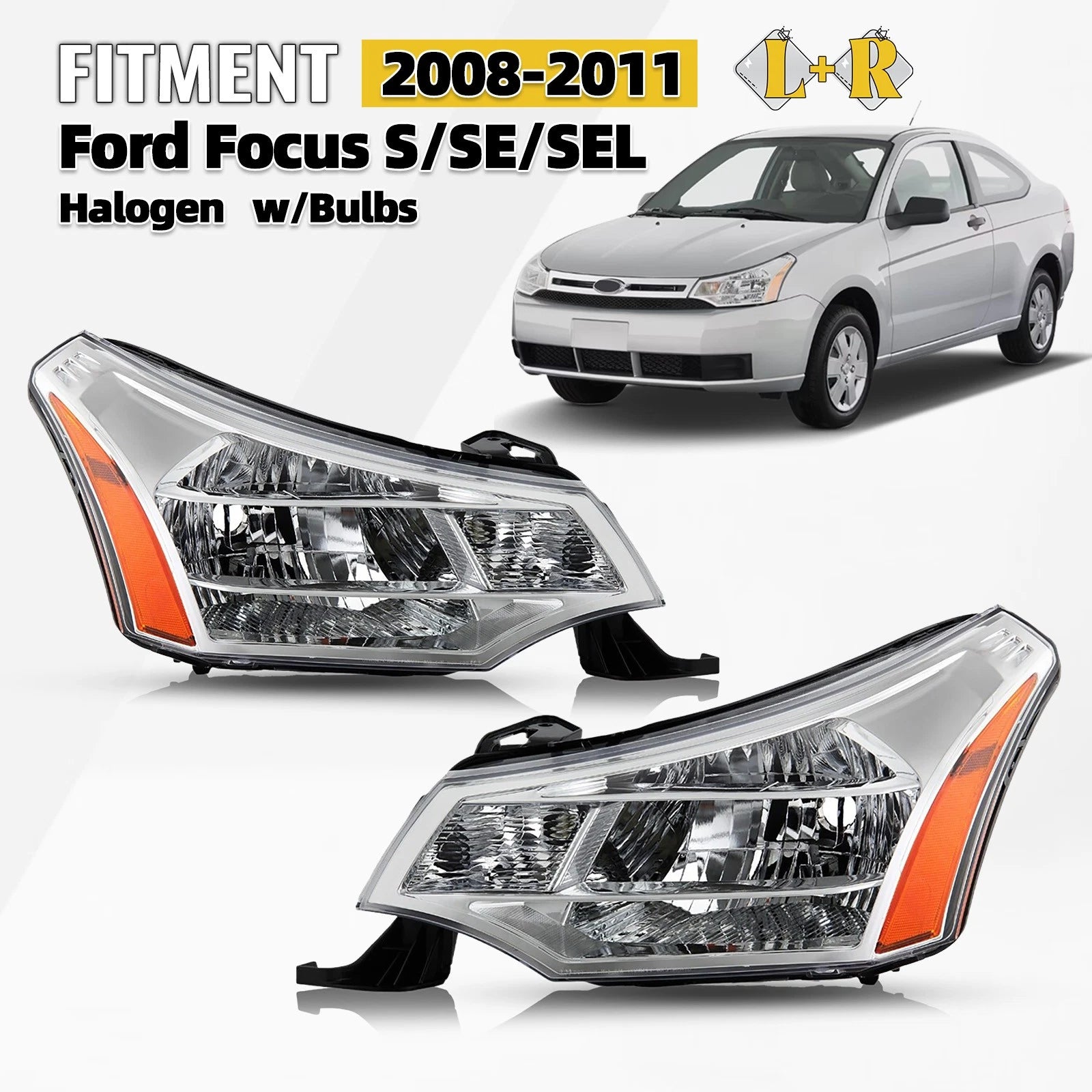 Chrome Headlights Assembly Pair for Ford Focus (2008–2011)