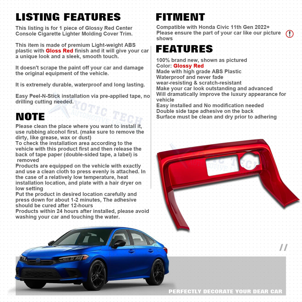 Sporty Red Console Cigarette Lighter Cover Trim for Honda Civic (2022-2025)