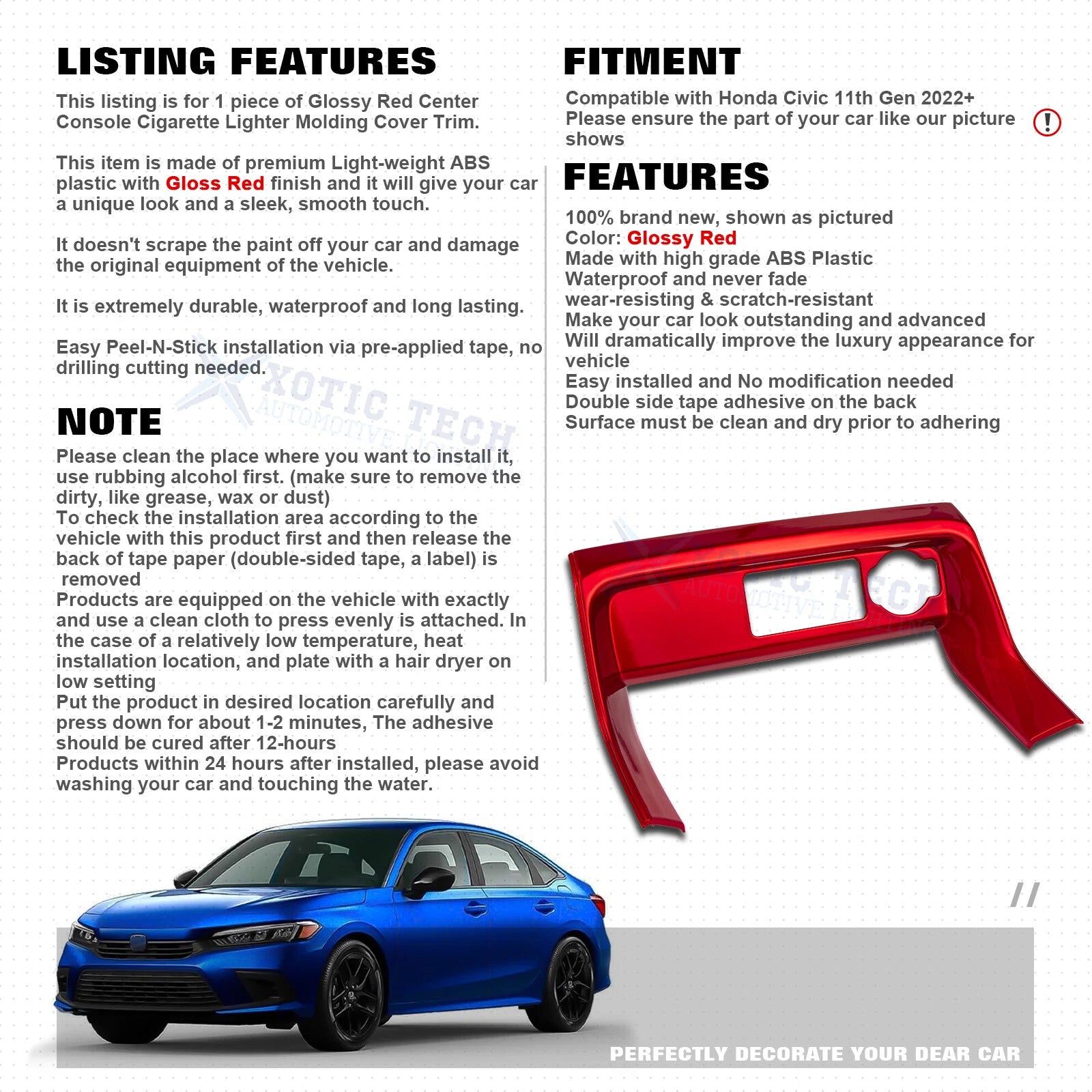 Sporty Red Console Cigarette Lighter Cover Trim for Honda Civic (2022-2025)