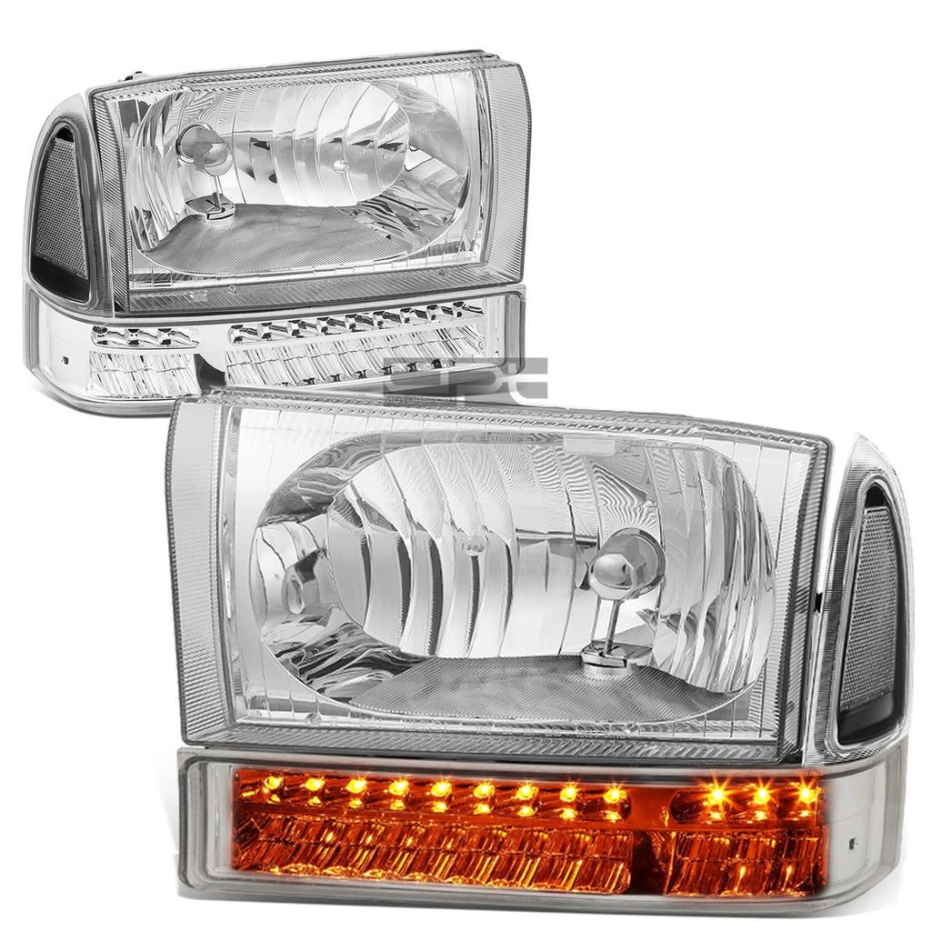 Pair of Chrome/Clear Headlights with LED Turn Signal Lamps for Ford Super Duty (1999–2004)
