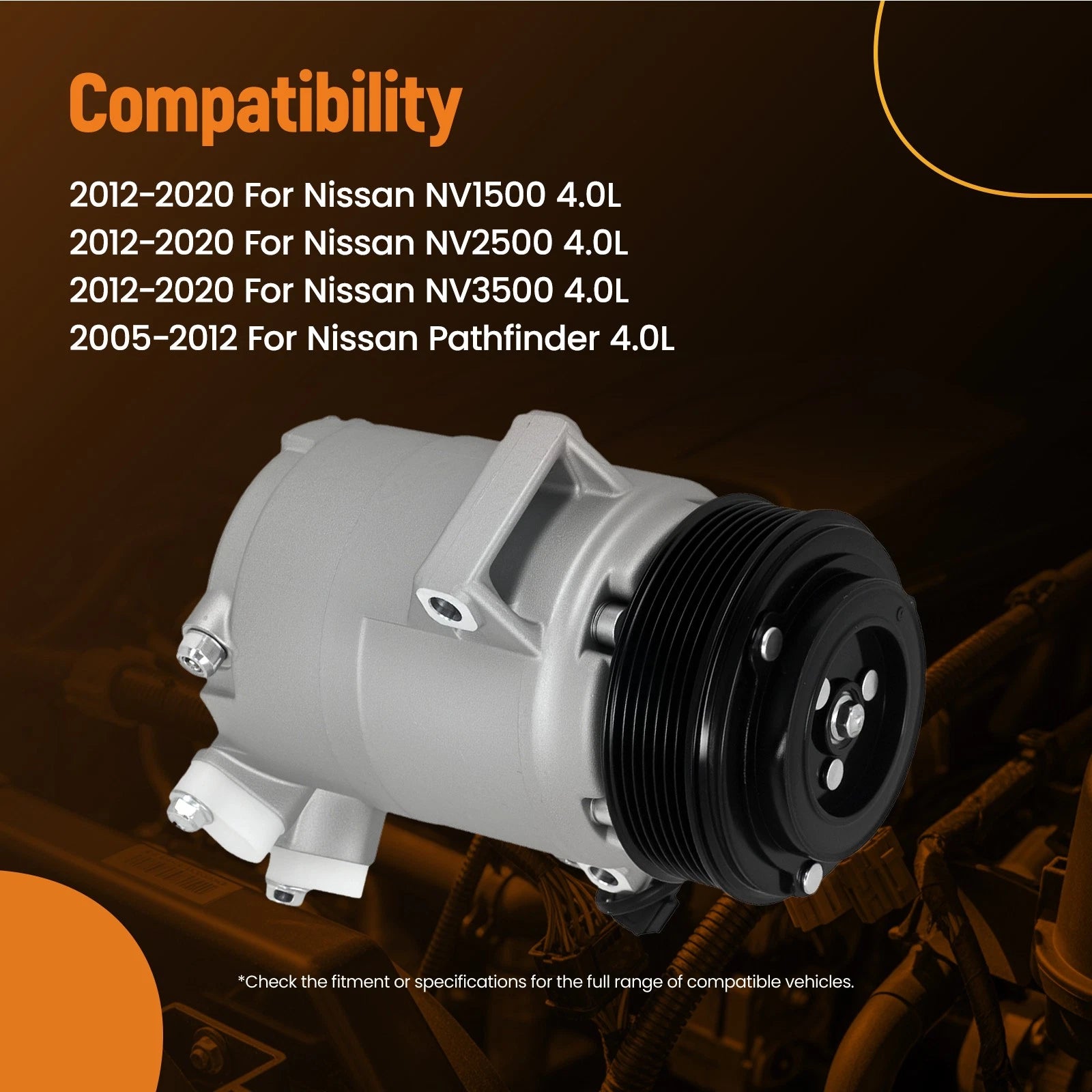 A/C Compressor for Nissan NV1500 4.0L (2012–2020) CO10865JC