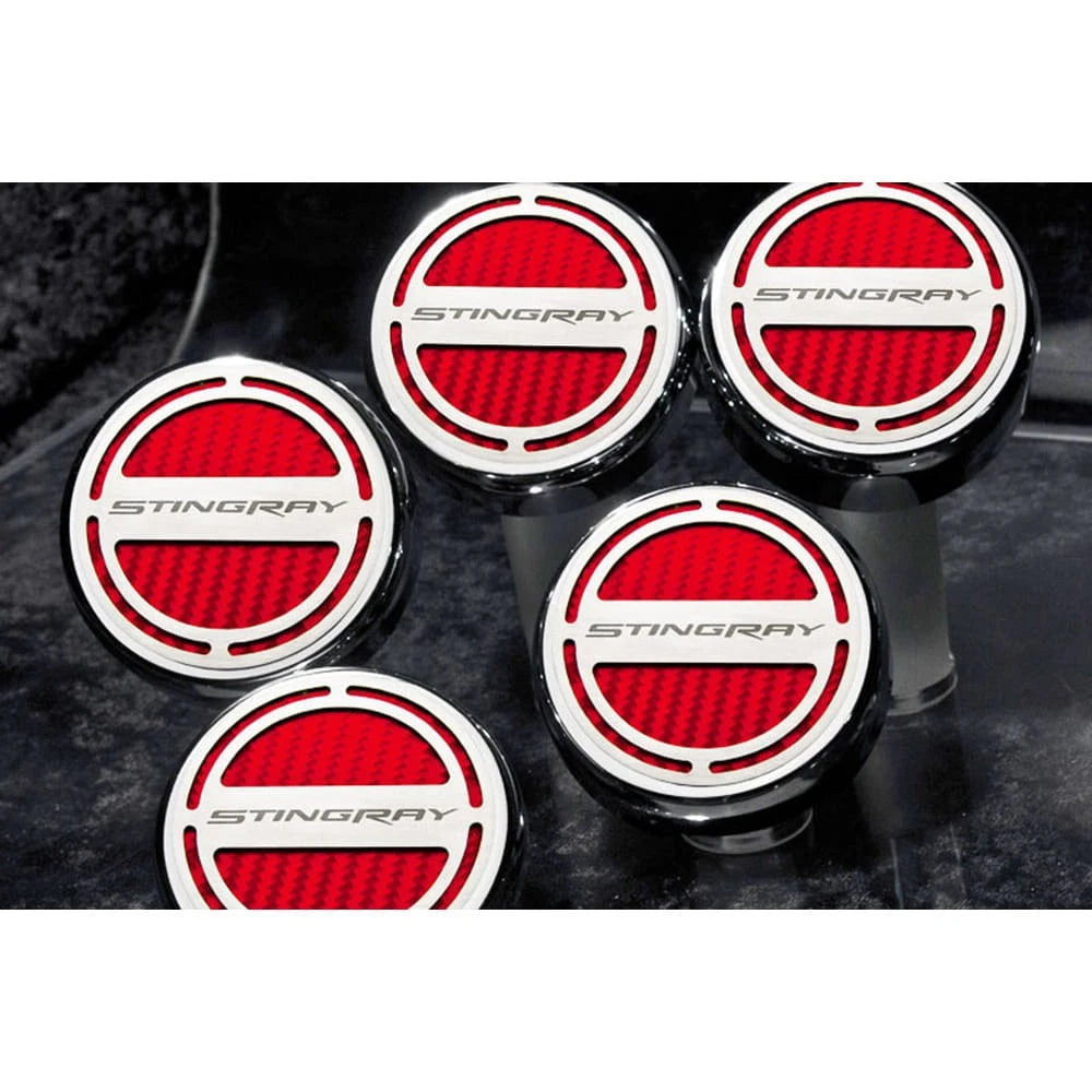 Chrome 'Stingray' Cap Covers w/Red CF Inlay for 2014-2019 Corvette Z06 Automatic