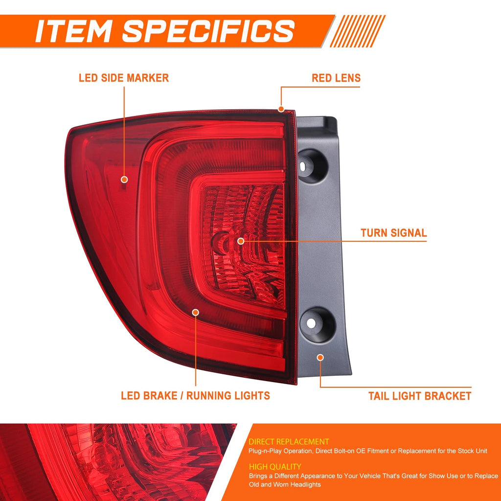 Chrome Red LED Outer Taillight Brake Lamp for Honda Pilot (2016–2018)