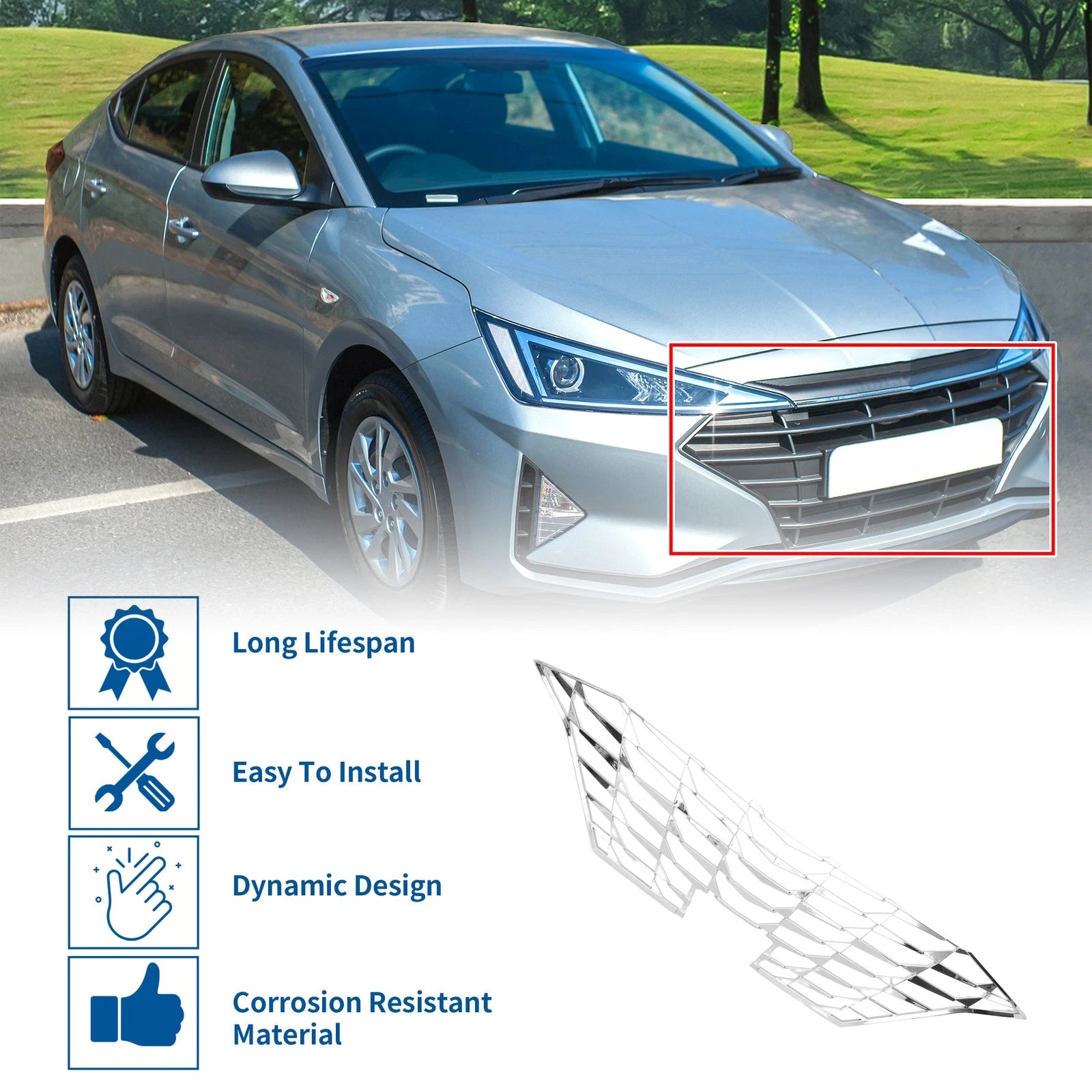 Front Upper Bumper Grille for Hyundai Elantra (2019–2020) Silver Tone ABS