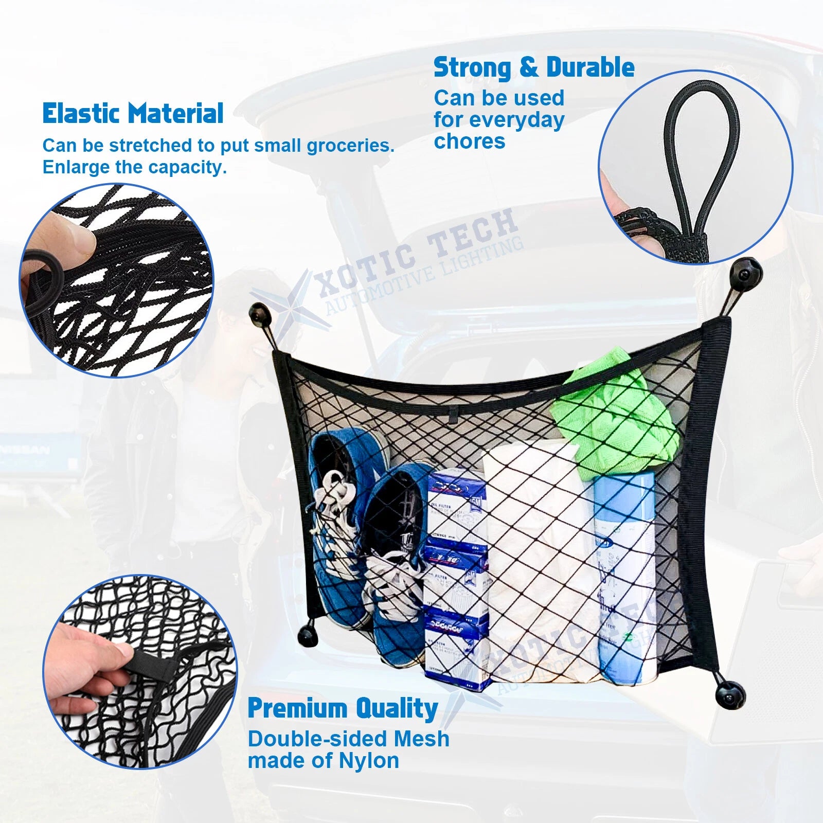Double Layer Small Cargo Storage Mesh Net Grocery Bag for Universal Fit (-)