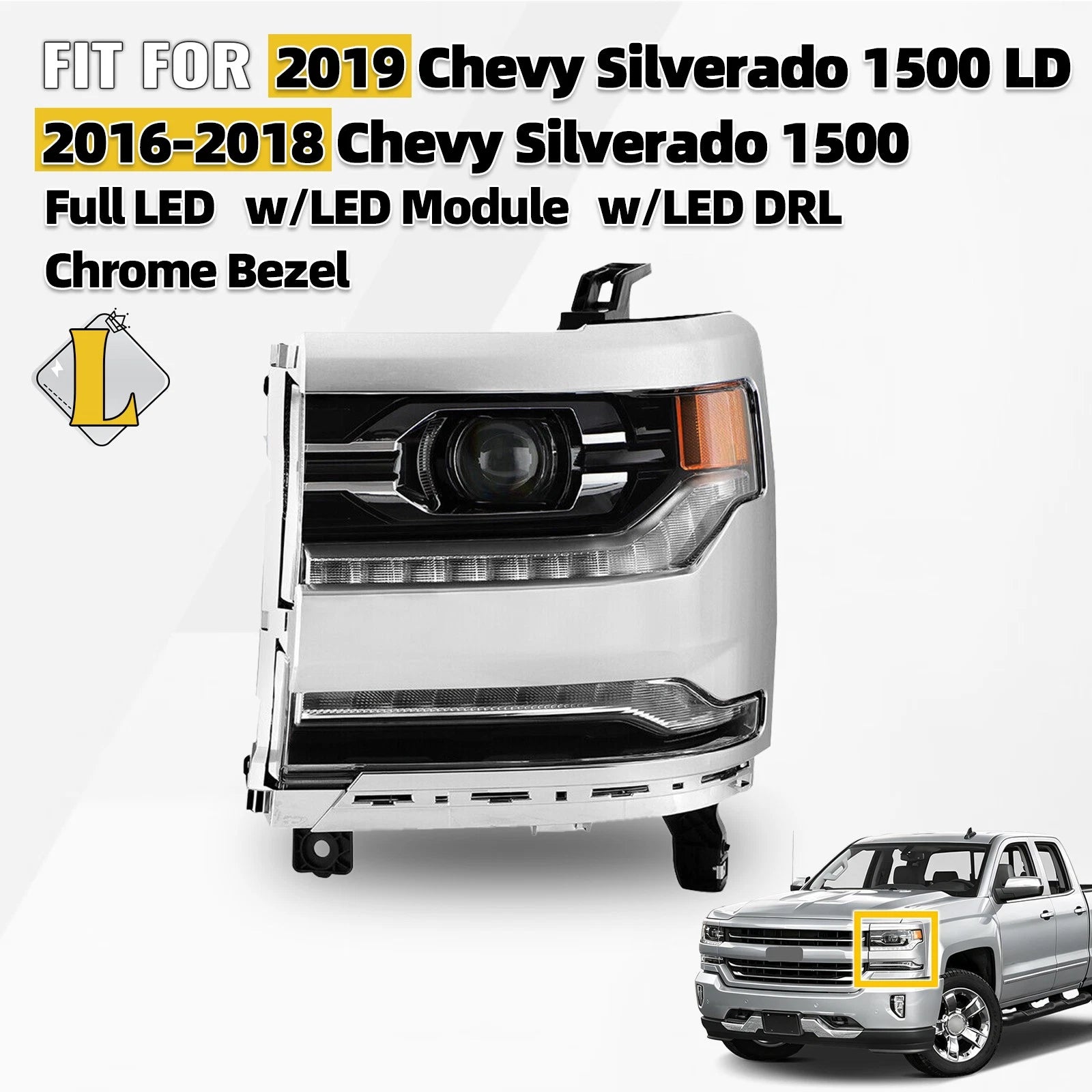Full LED Headlight for Chevy Silverado 1500 (2016–2018) Chrome Bezel W/DRL Left