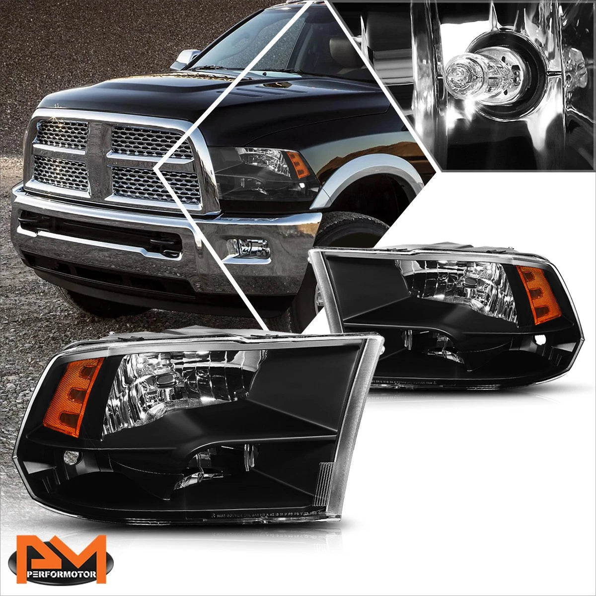 Set of 2 Quad Headlights for Dodge RAM Pickup (2009–2018) Black Housing Amber
