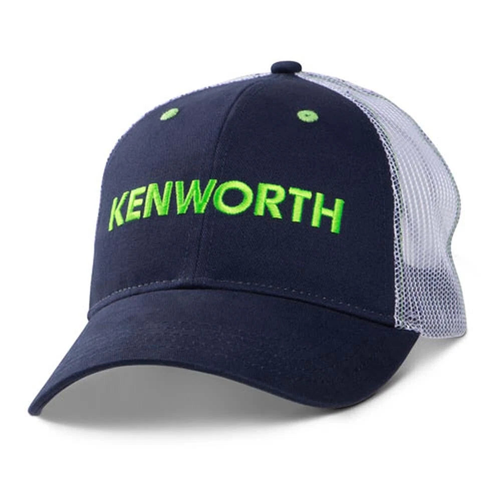 Kenworth Trucker Hat Cap - Navy/White Mesh with Lime Green Embroidery