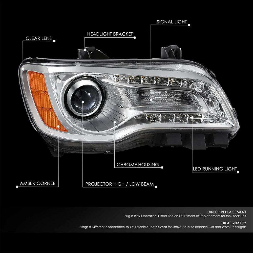 Left Side LED DRL Projector Headlight for Chrysler 300 (2011–2014) Chrome