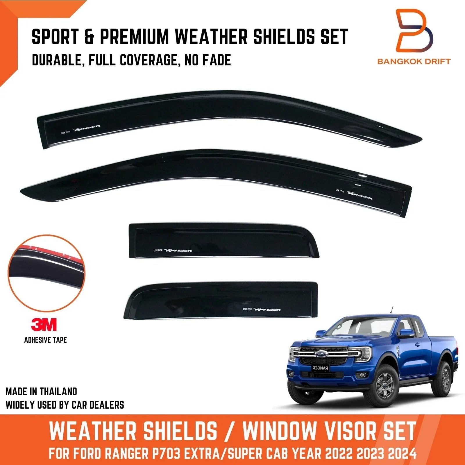 Black Weather Shield Visor Sun Rain Guard for Ford Ranger (2022-2024)