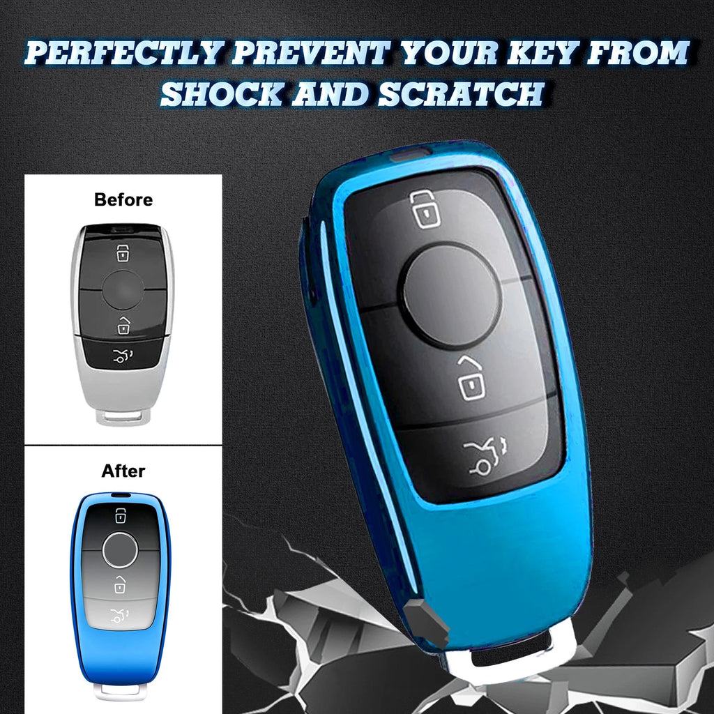2x Blue TPU Key Fob Covers w/Button Cover for Mercedes (2017-2024)