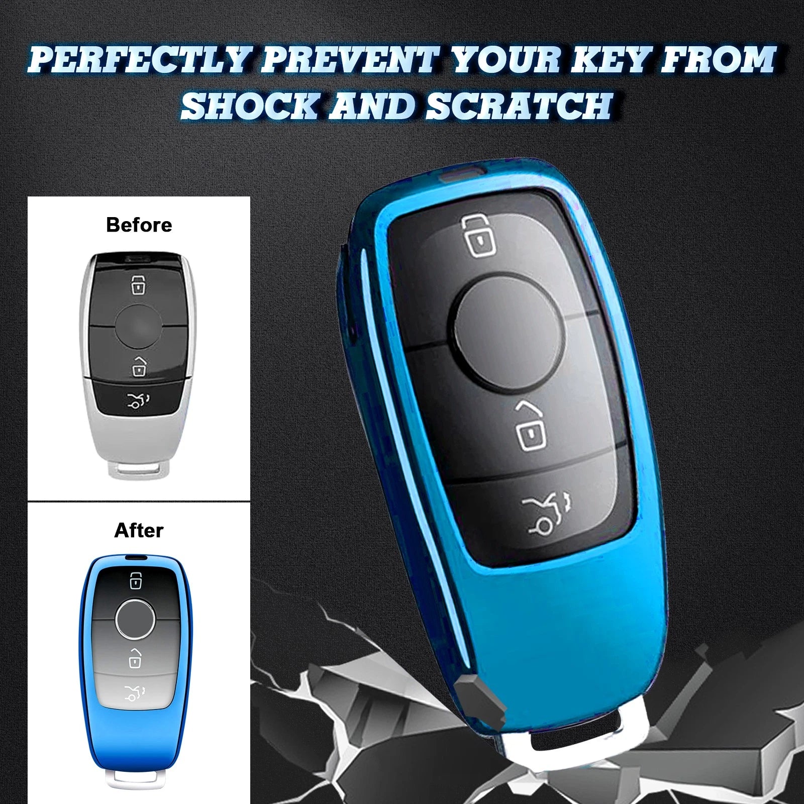2x Blue TPU Key Fob Covers w/Button Cover for Mercedes (2017-2024)