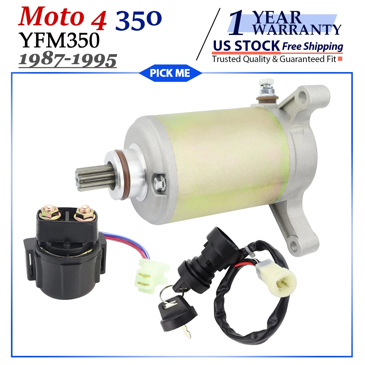 Starter for Yamaha Moto 4 350 YFM350 (1987–1995) with Relay & Key Switch