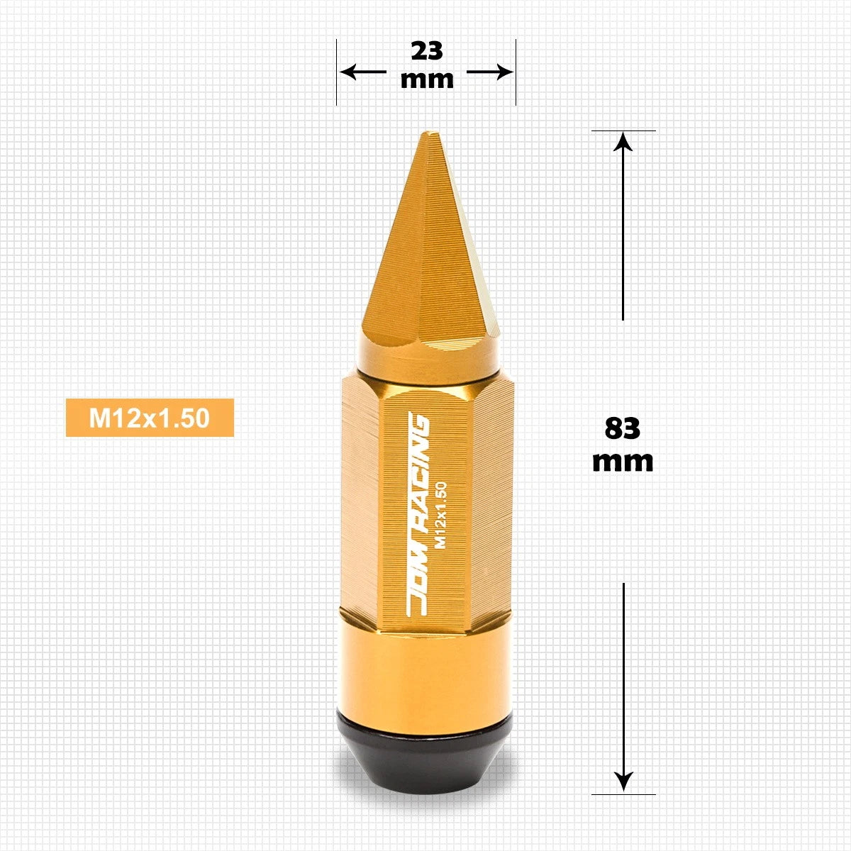 Set of 20 M12X1.5 Gold JDM Cone Spiked Wheel Lug Nuts + 23mm Extension