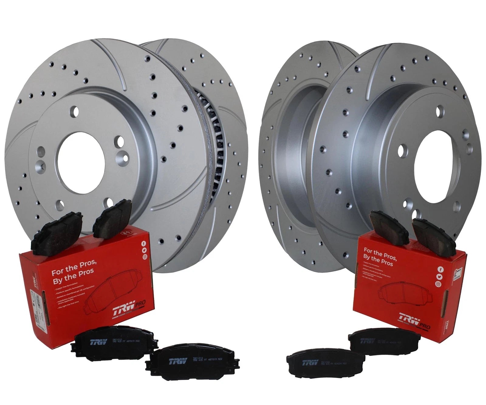 Front Rear Brake Kit Drilled Rotors TRW Pro Low-Met Pads for Veloster Forte5 (2012–2019)